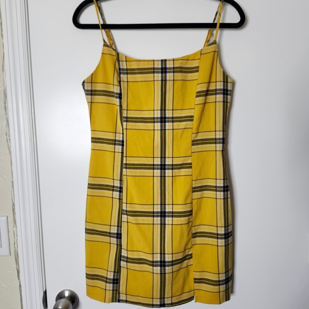 Forever 21 Yellow Plaid Mini Dress Medium 90s Bodycon Spaghetti Strap Clueless - Picture 2 of 11